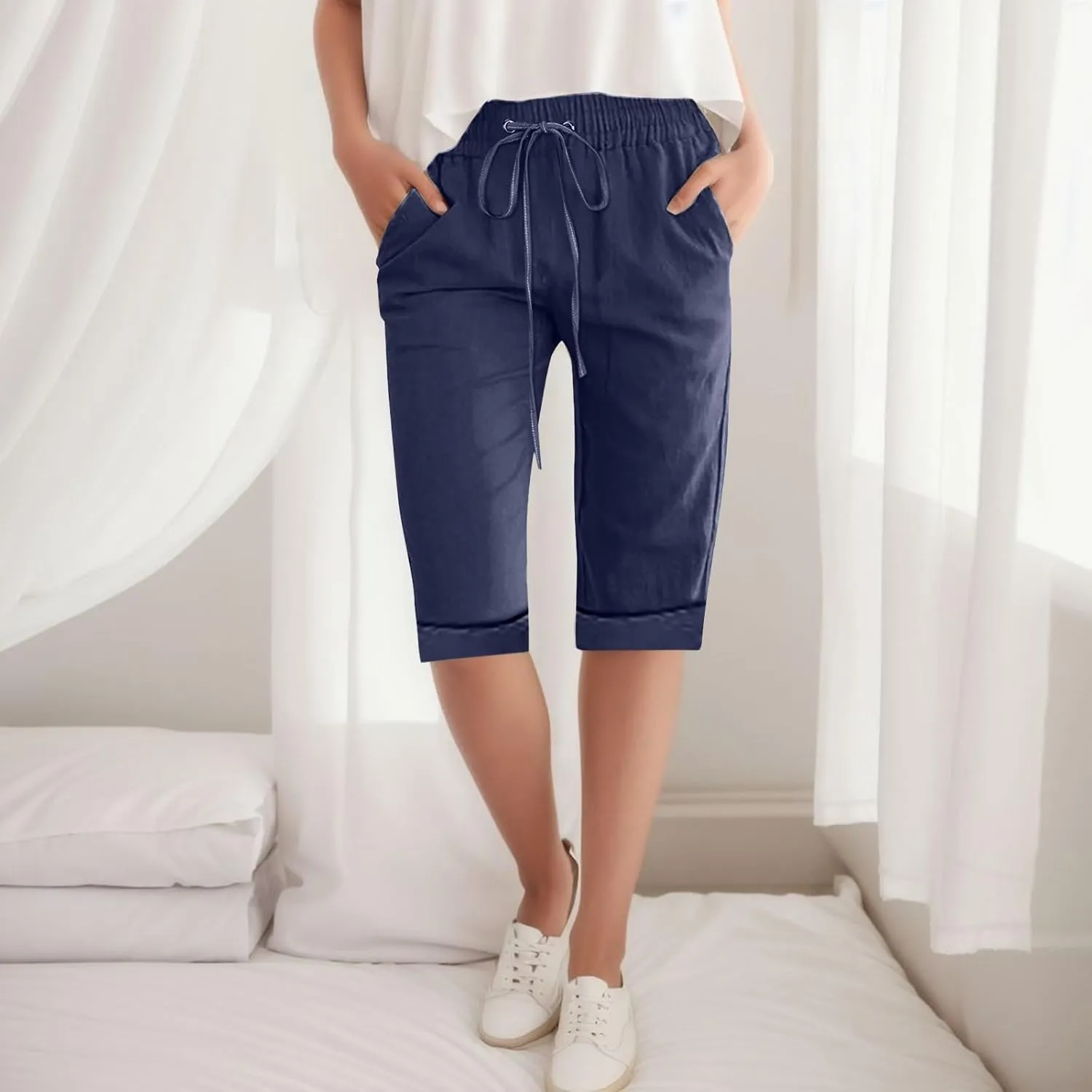 Linen Bermuda Shorts Women Knee Length Straight Leg Elastic Waist Harem Pants 2025 Beach Trousers Vacation Outfits