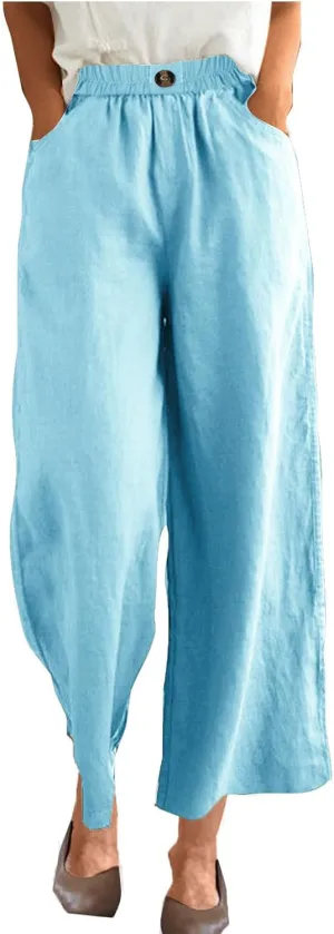 Linen Capri Pants for Women Plus Size Elastic Waist Pants Baggy Wide Leg Pants Summer Lounge Pants Loose Fit Joggers