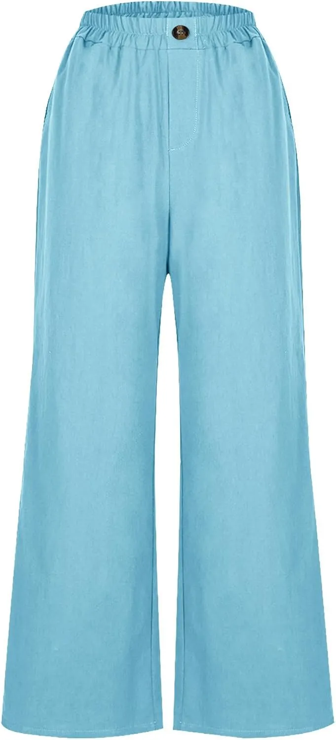Linen Capri Pants for Women Plus Size Elastic Waist Pants Baggy Wide Leg Pants Summer Lounge Pants Loose Fit Joggers