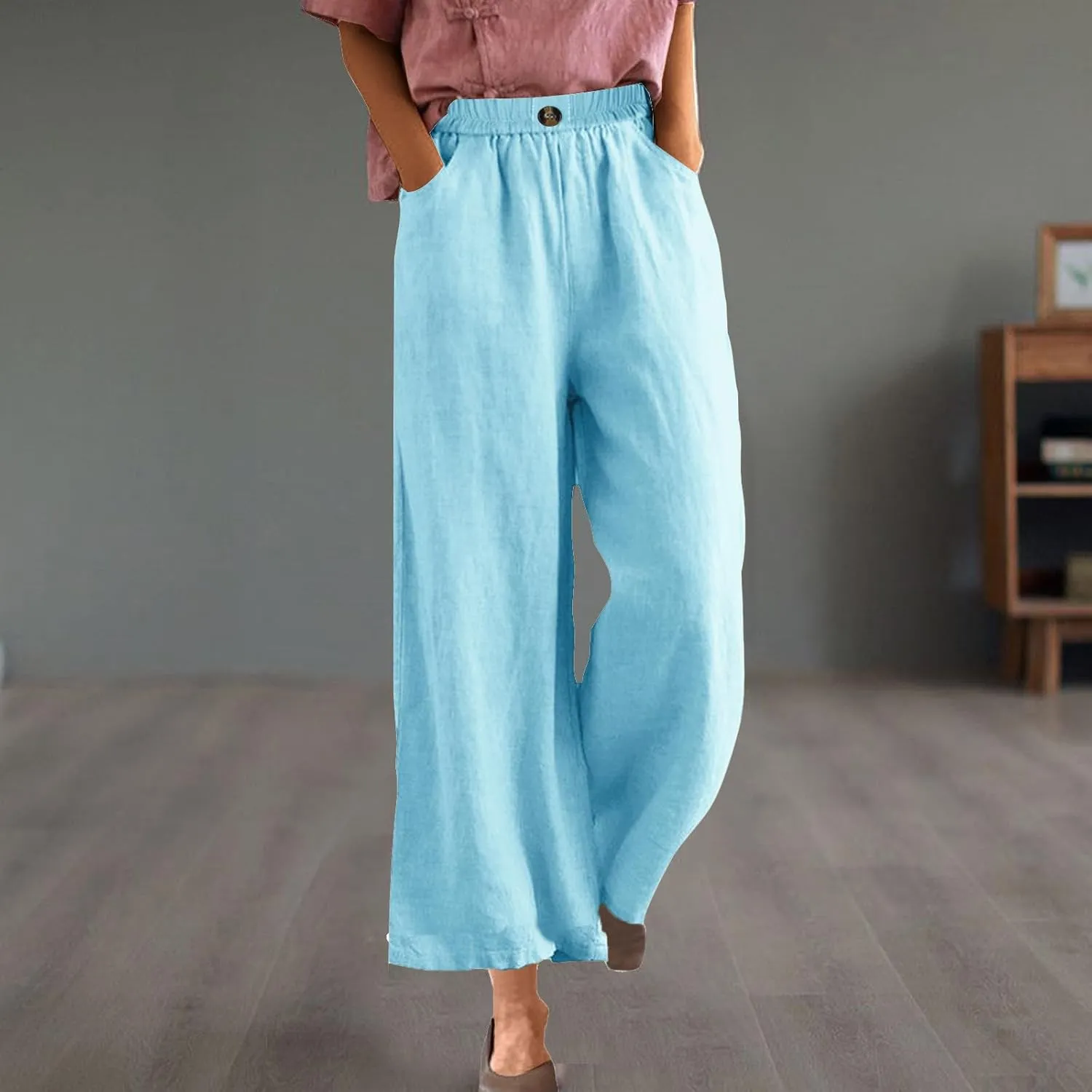 Linen Capri Pants for Women Plus Size Elastic Waist Pants Baggy Wide Leg Pants Summer Lounge Pants Loose Fit Joggers