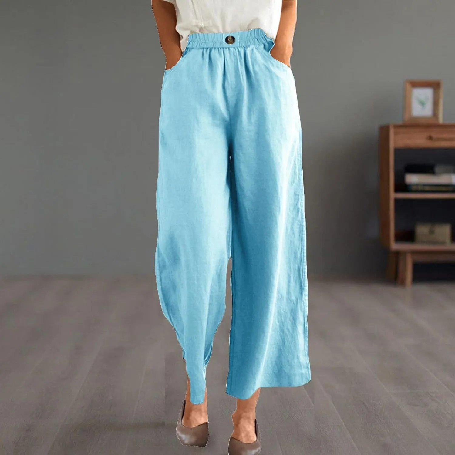 Linen Capri Pants for Women Plus Size Elastic Waist Pants Baggy Wide Leg Pants Summer Lounge Pants Loose Fit Joggers
