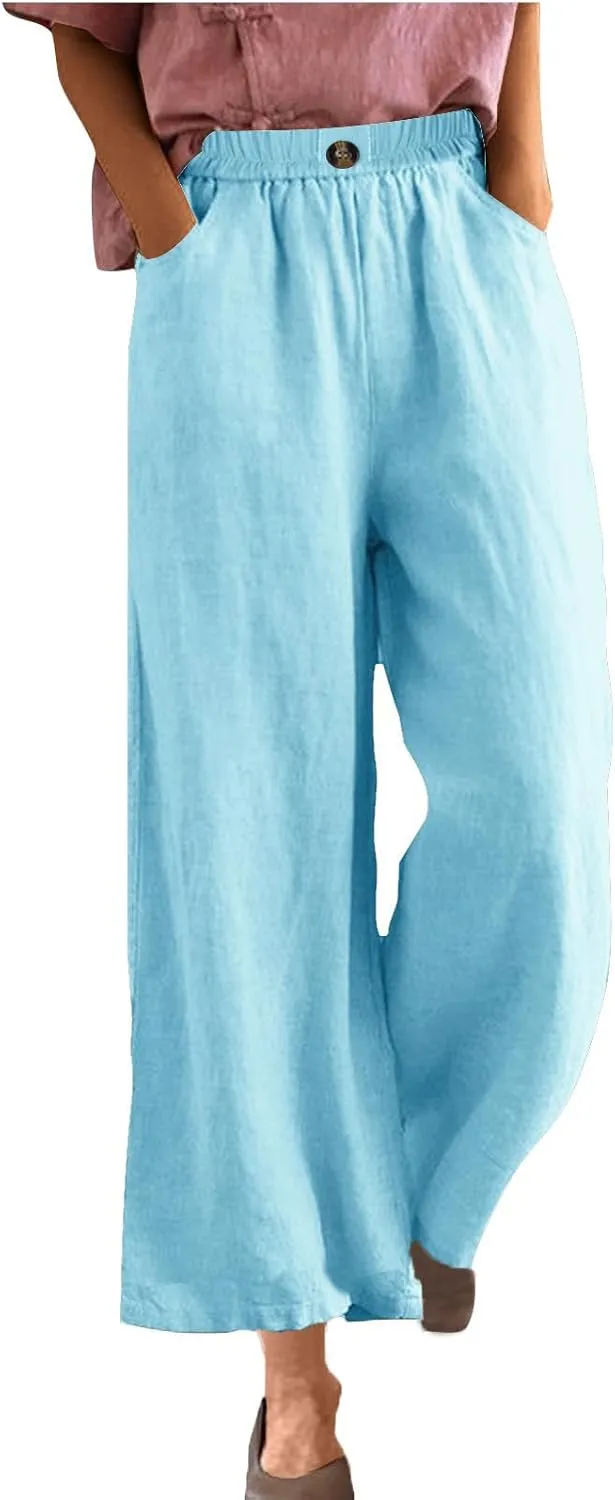 Linen Capri Pants for Women Plus Size Elastic Waist Pants Baggy Wide Leg Pants Summer Lounge Pants Loose Fit Joggers