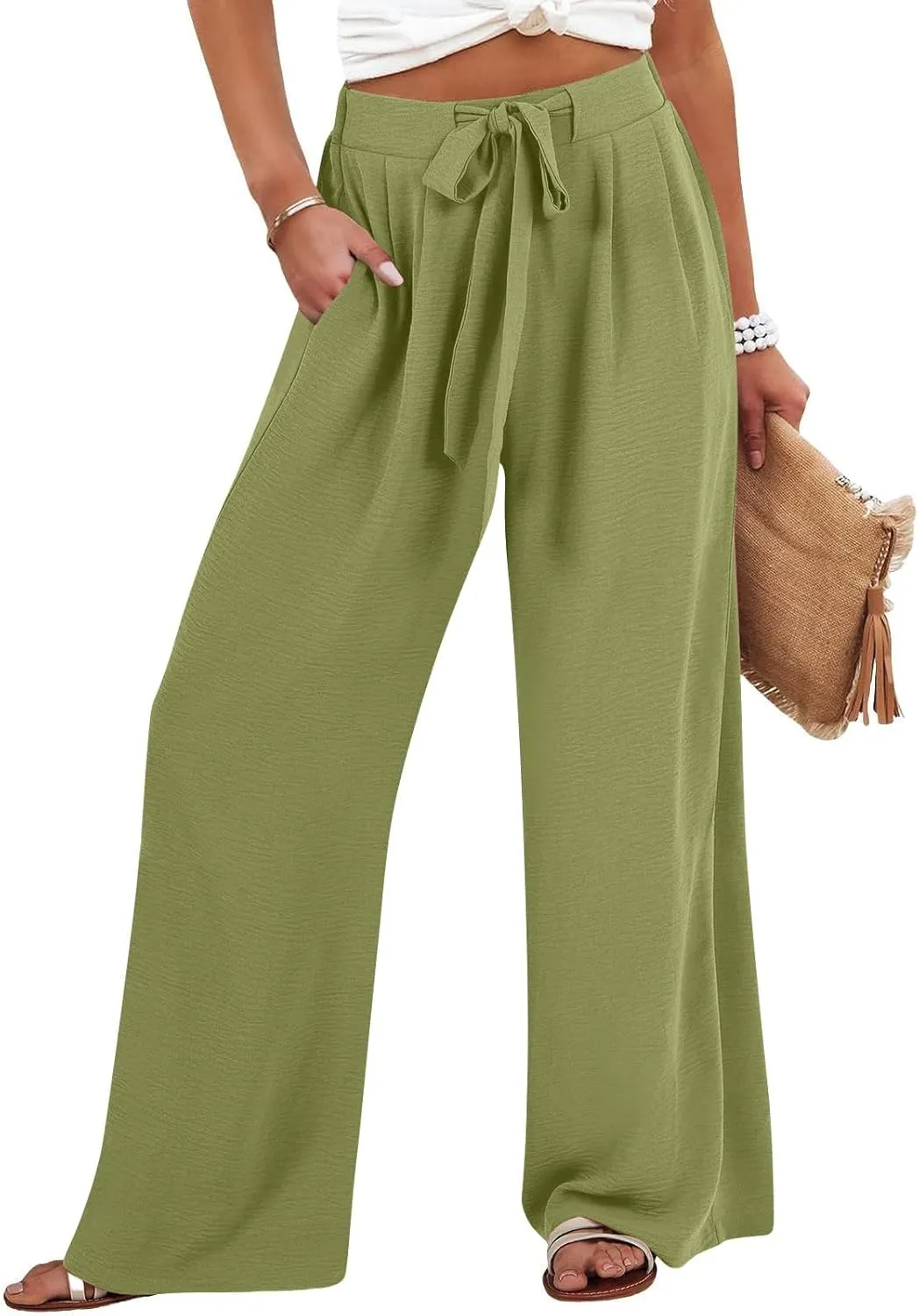 Linen Capri Pants Women Wide Leg Straight with Pocket Drawstrings Loose Casual Summer Vacation 2025