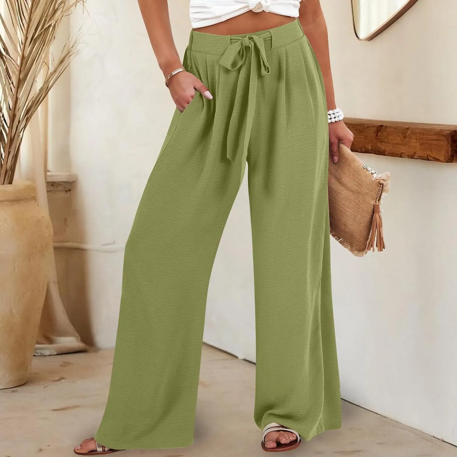 Linen Capri Pants Women Wide Leg Straight with Pocket Drawstrings Loose Casual Summer Vacation 2025