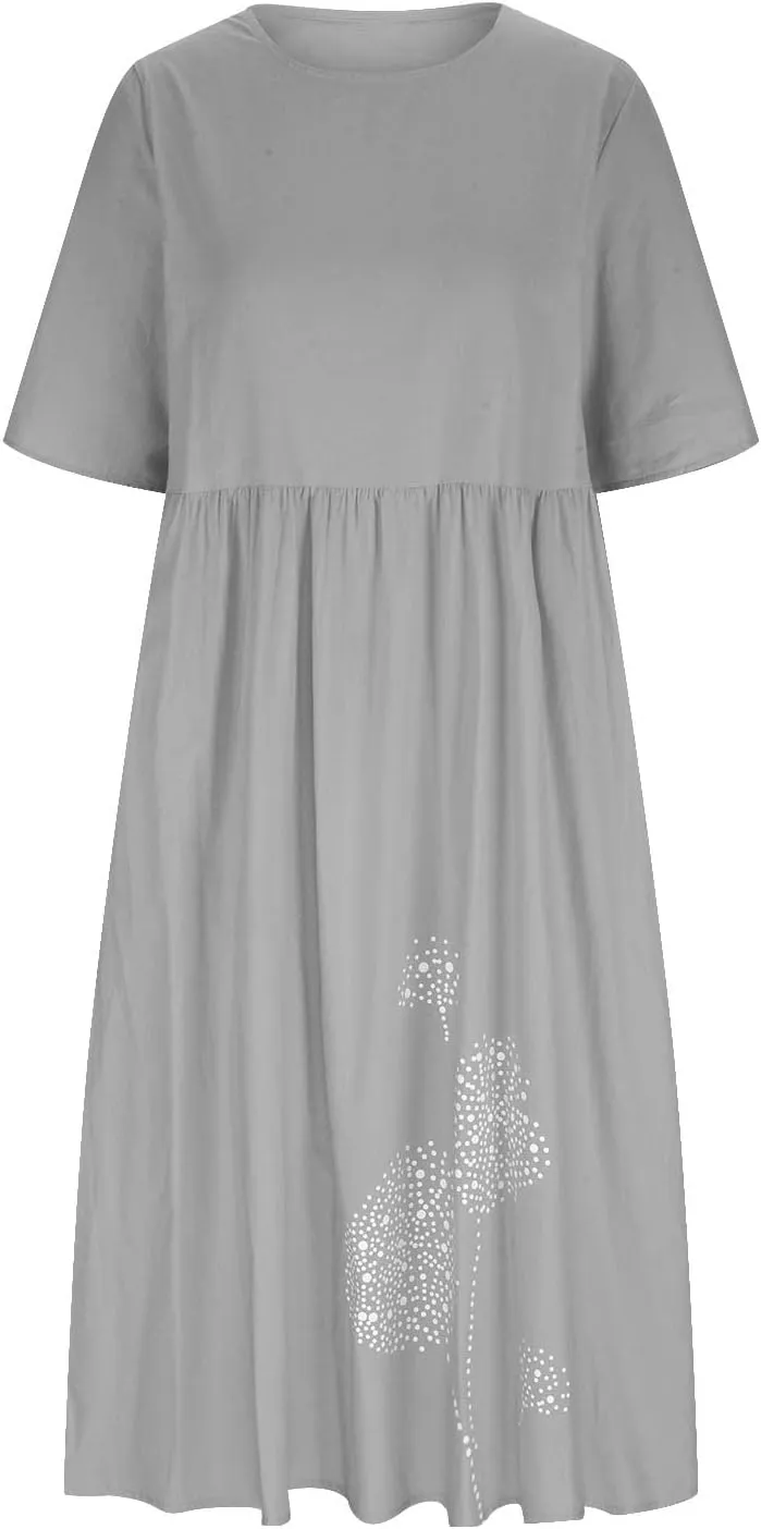 Linen Dresses for Women 2025 Floral Printed Short Sleeve a Line Dresses Oversized Summer Casual Loose Shirt Dresses