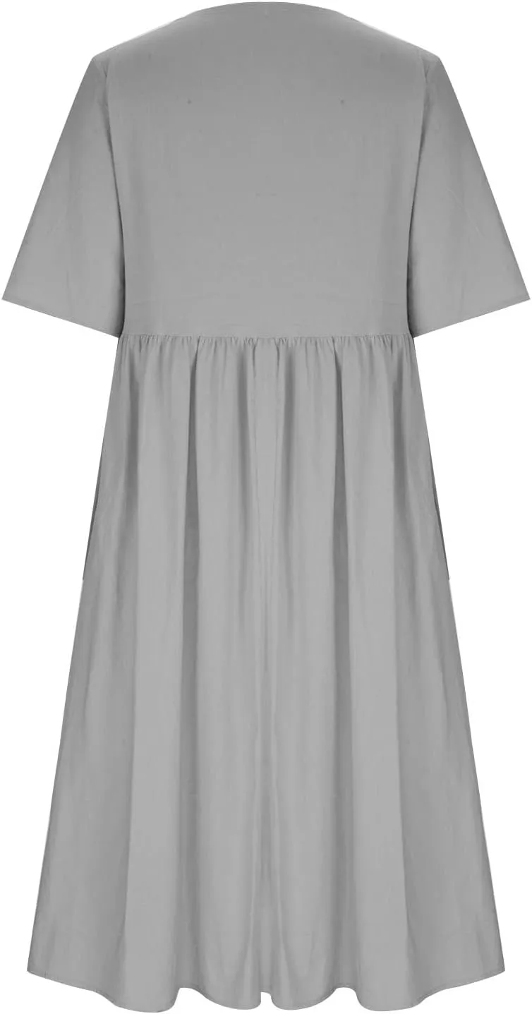 Linen Dresses for Women 2025 Floral Printed Short Sleeve a Line Dresses Oversized Summer Casual Loose Shirt Dresses