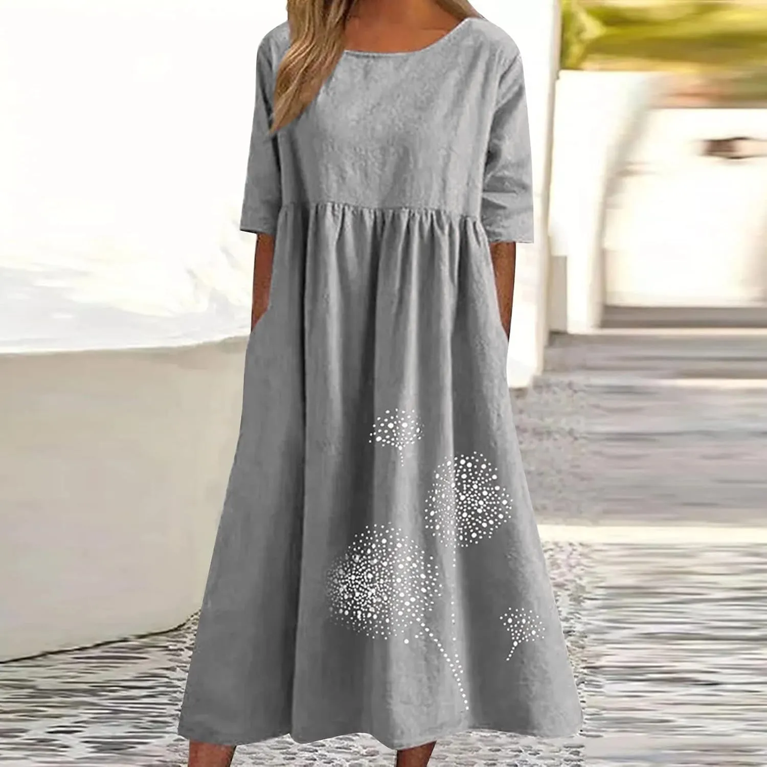 Linen Dresses for Women 2025 Floral Printed Short Sleeve a Line Dresses Oversized Summer Casual Loose Shirt Dresses