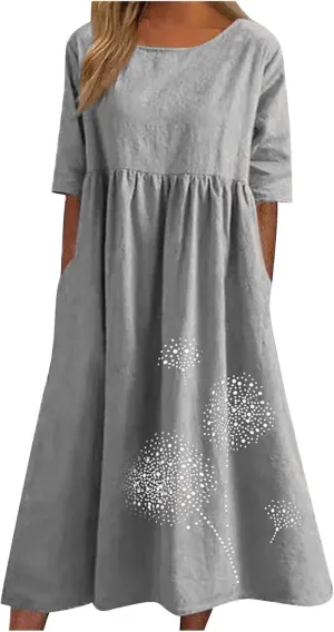 Linen Dresses for Women 2025 Floral Printed Short Sleeve a Line Dresses Oversized Summer Casual Loose Shirt Dresses