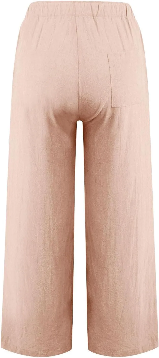 Linen Pants for Women Summer Wide Leg Casual Beach Trousers High Waisted Drawstring Palazzo Lounge Pants with Pockets