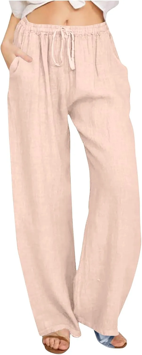 Linen Pants for Women Summer Wide Leg Casual Beach Trousers High Waisted Drawstring Palazzo Lounge Pants with Pockets