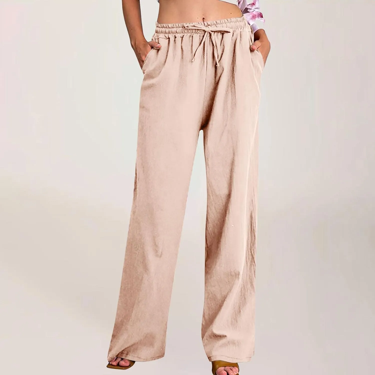 Linen Pants for Women Summer Wide Leg Casual Beach Trousers High Waisted Drawstring Palazzo Lounge Pants with Pockets