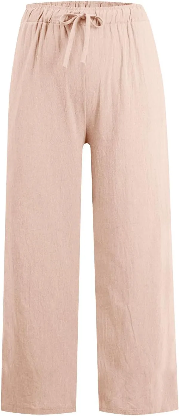 Linen Pants for Women Summer Wide Leg Casual Beach Trousers High Waisted Drawstring Palazzo Lounge Pants with Pockets