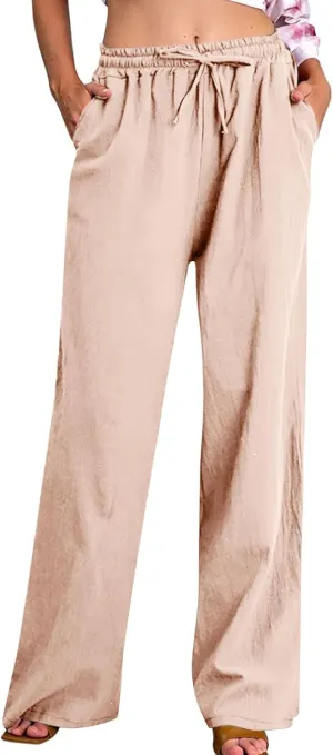 Linen Pants for Women Summer Wide Leg Casual Beach Trousers High Waisted Drawstring Palazzo Lounge Pants with Pockets