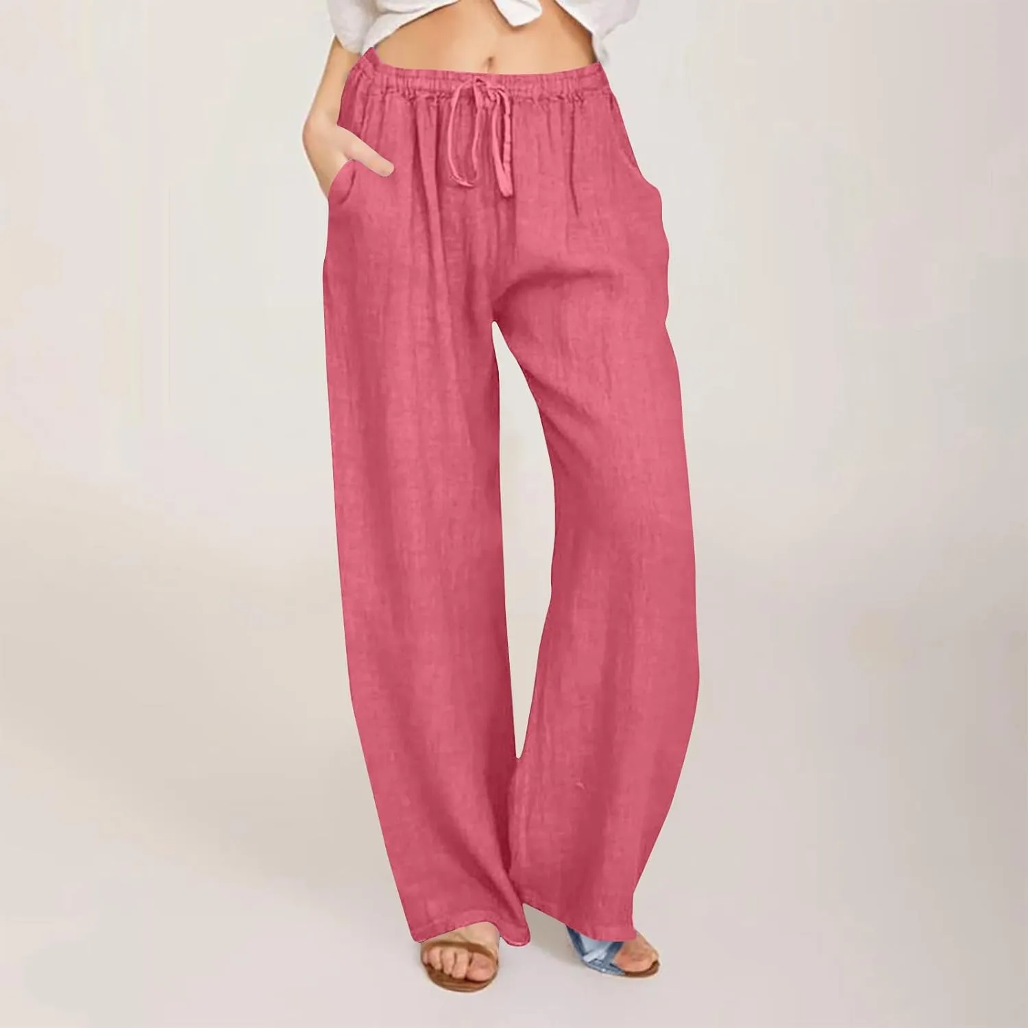 Linen Pants Women Casual Linen High Waist Pant Loose Fit Summer Pants Trousers Cotton Linen Palazzo Pants with Pockets