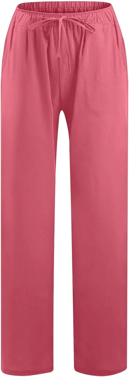 Linen Pants Women Casual Linen High Waist Pant Loose Fit Summer Pants Trousers Cotton Linen Palazzo Pants with Pockets