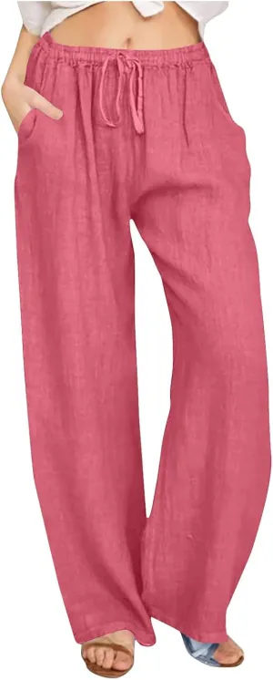 Linen Pants Women Casual Linen High Waist Pant Loose Fit Summer Pants Trousers Cotton Linen Palazzo Pants with Pockets