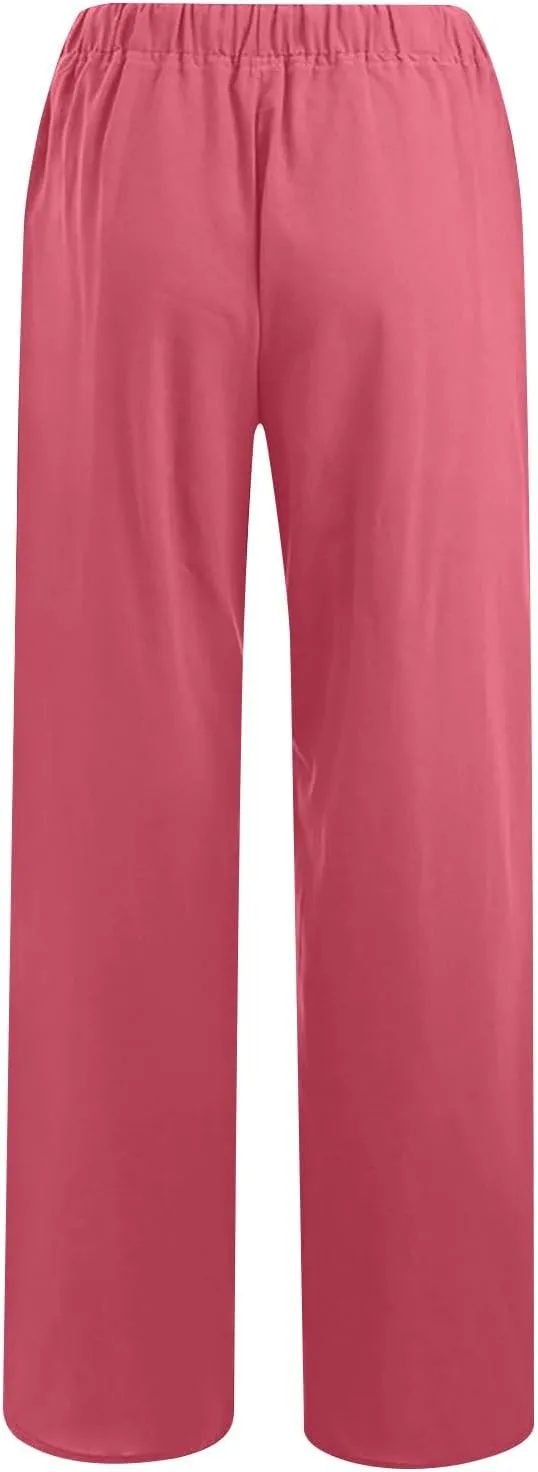 Linen Pants Women Casual Linen High Waist Pant Loose Fit Summer Pants Trousers Cotton Linen Palazzo Pants with Pockets