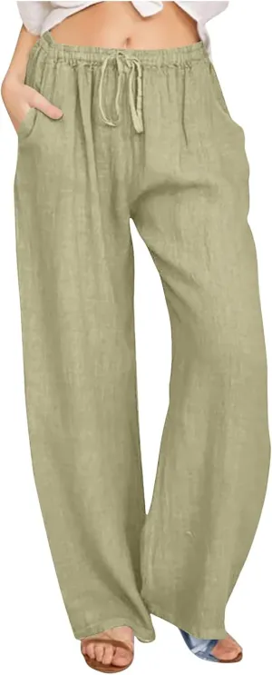 Linen Pants Women Casual Wide Leg Drawstring Lightweight Pants Linen Blend Palazzo Pants Summer Beach Trousers