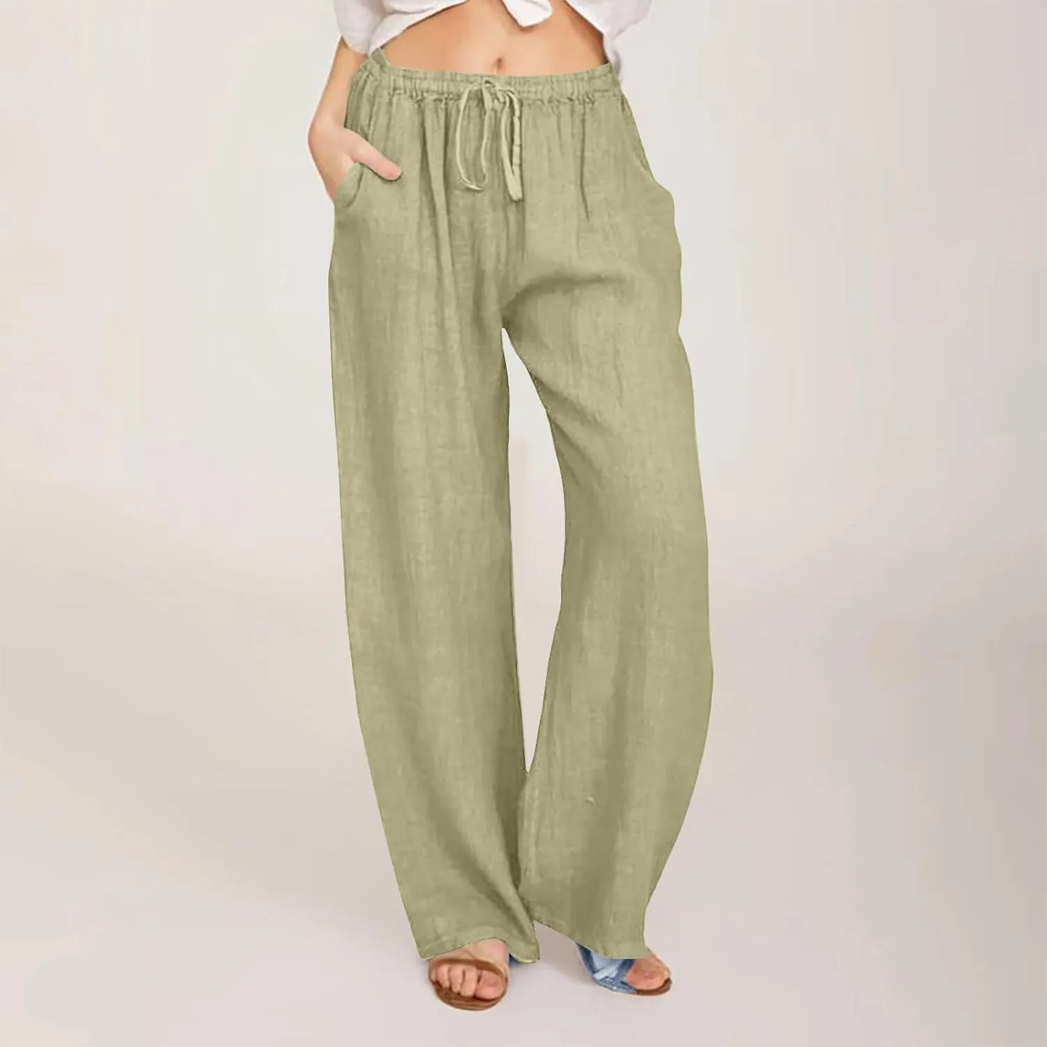 Linen Pants Women Casual Wide Leg Drawstring Lightweight Pants Linen Blend Palazzo Pants Summer Beach Trousers