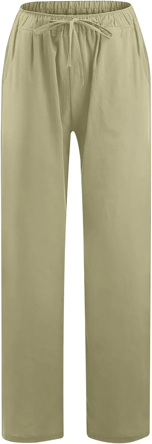 Linen Pants Women Casual Wide Leg Drawstring Lightweight Pants Linen Blend Palazzo Pants Summer Beach Trousers