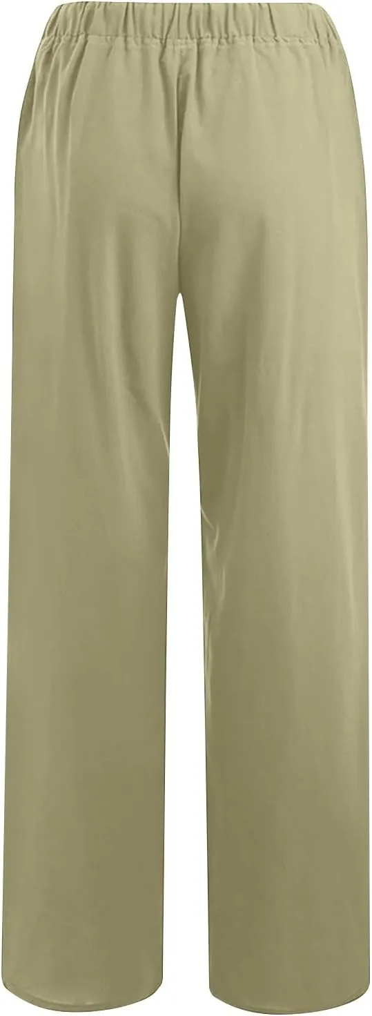 Linen Pants Women Casual Wide Leg Drawstring Lightweight Pants Linen Blend Palazzo Pants Summer Beach Trousers