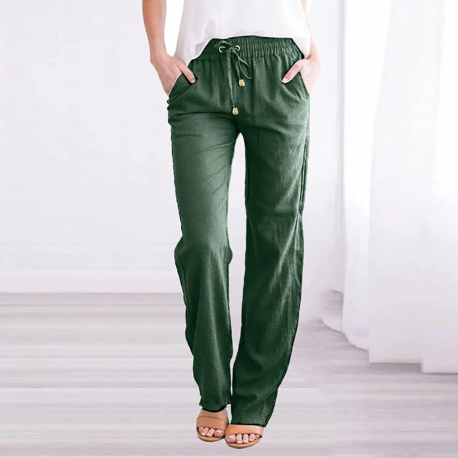Linen Pants Women Long Linen Pants for Women White Linen Pants Women Wide Leg Pants Woman Elastic Drastring Trousers