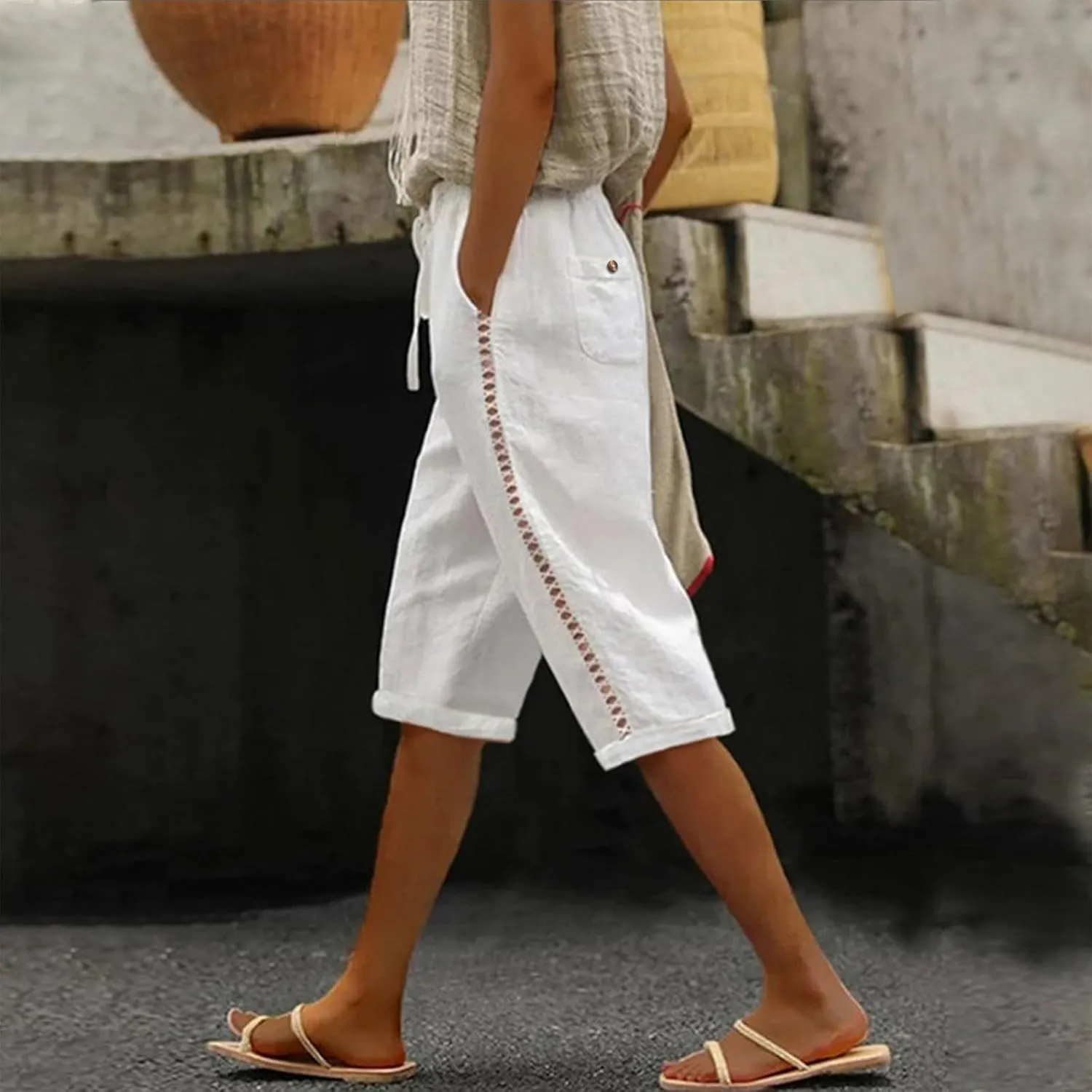 Linen Shorts for Women Summer Drawstring Waisted Knee Length Bermuda Shorts Casual Loose Beach Shorts with Pockets