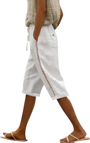 Linen Shorts for Women Summer Drawstring Waisted Knee Length Bermuda Shorts Casual Loose Beach Shorts with Pockets