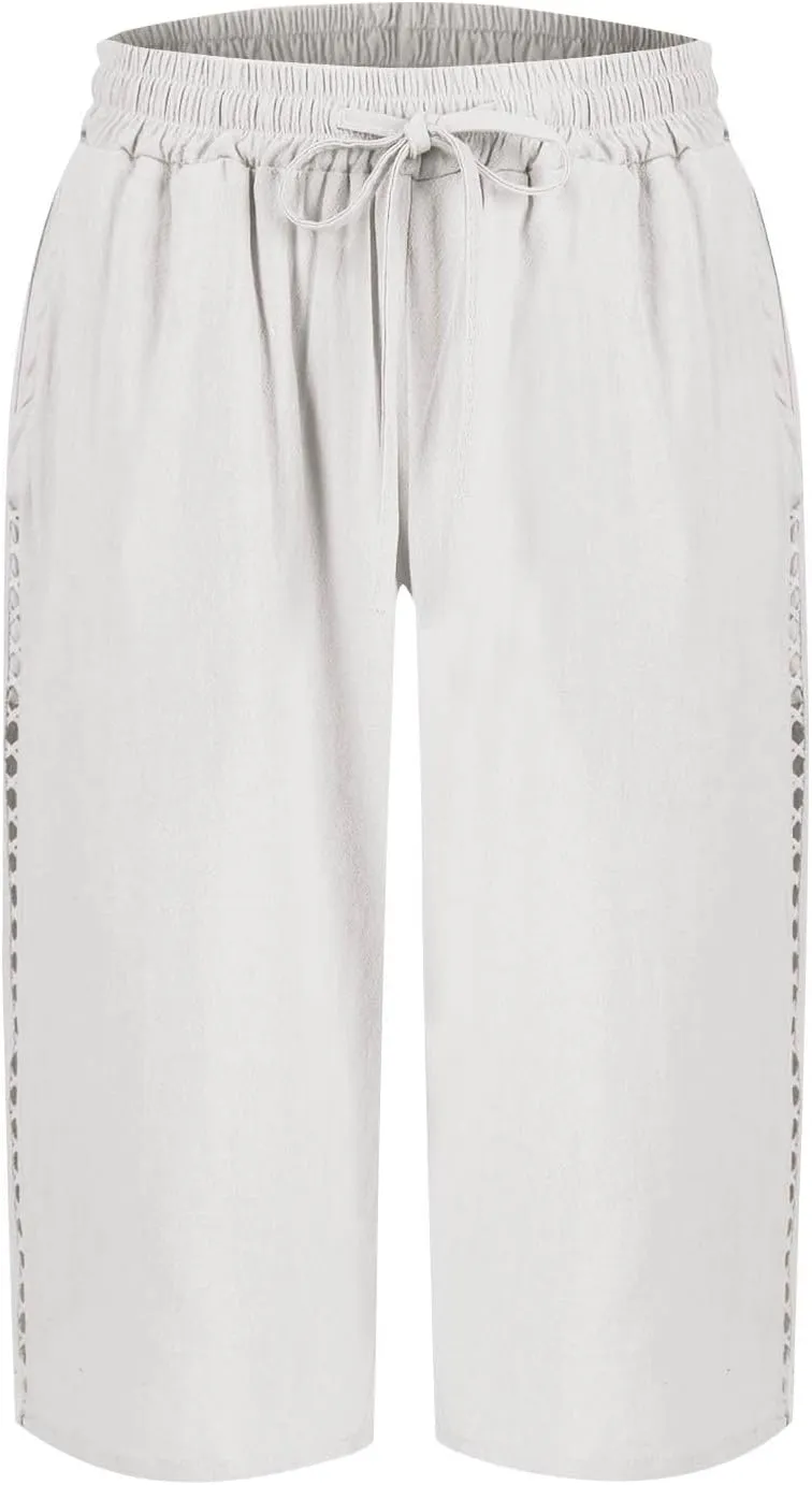 Linen Shorts for Women Summer Drawstring Waisted Knee Length Bermuda Shorts Casual Loose Beach Shorts with Pockets