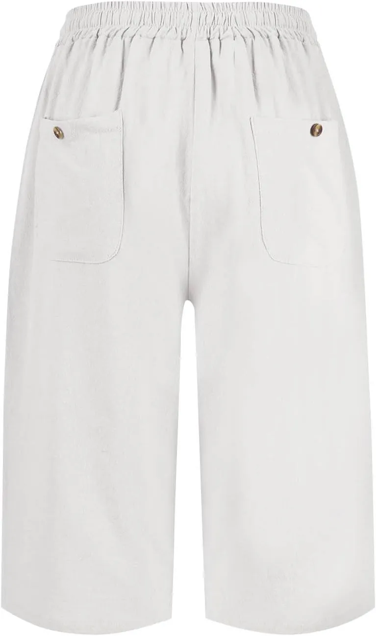 Linen Shorts for Women Summer Drawstring Waisted Knee Length Bermuda Shorts Casual Loose Beach Shorts with Pockets