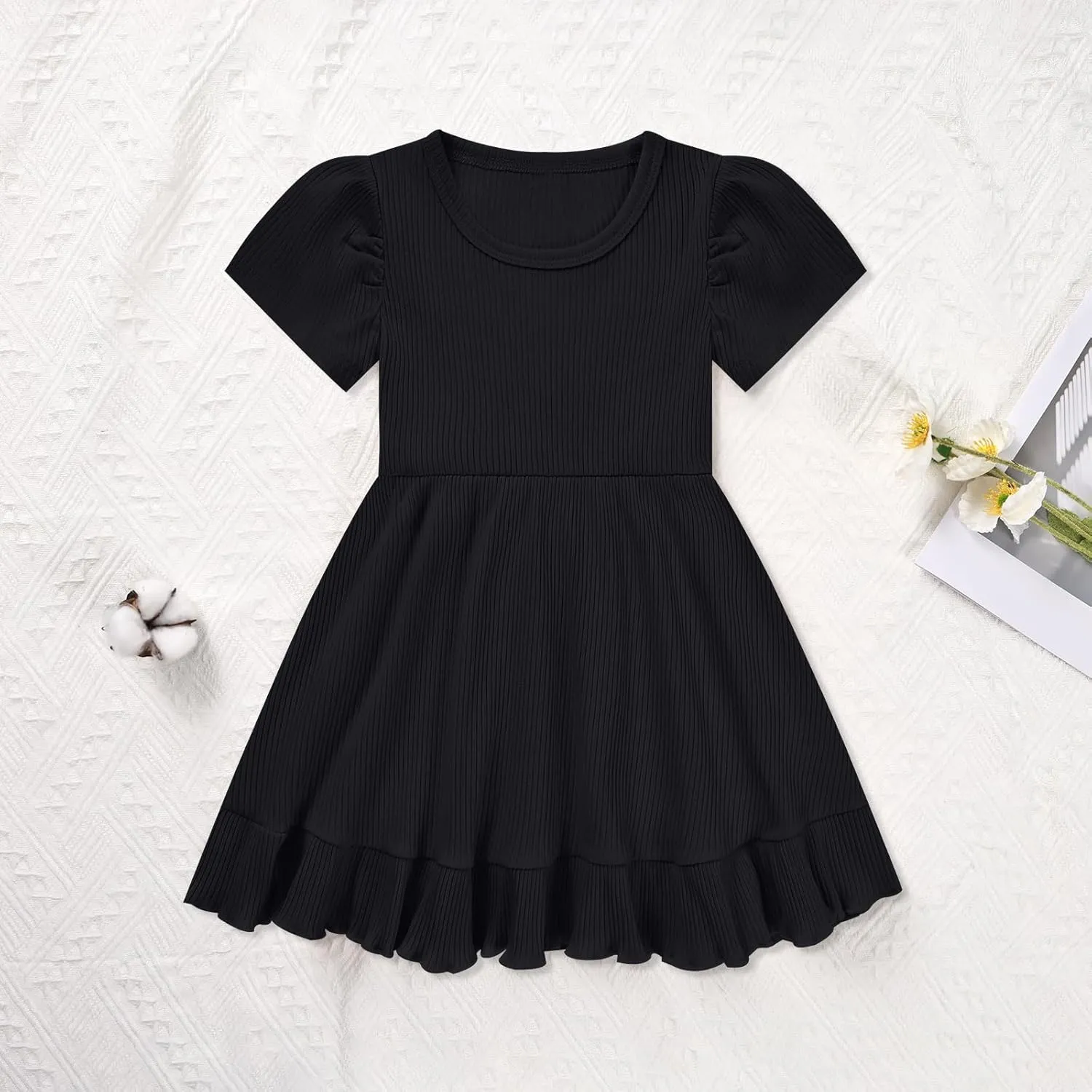 Little Girl Summer Dress Girls Puff Short Sleeve Ruffle Dress Solid Color A-Line Dresses 3-8 Years