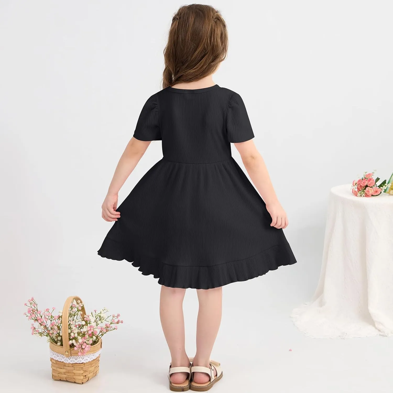 Little Girl Summer Dress Girls Puff Short Sleeve Ruffle Dress Solid Color A-Line Dresses 3-8 Years