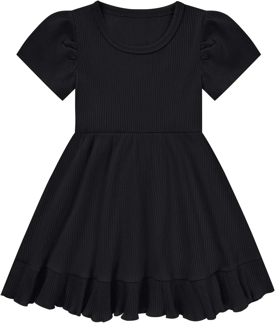 Little Girl Summer Dress Girls Puff Short Sleeve Ruffle Dress Solid Color A-Line Dresses 3-8 Years