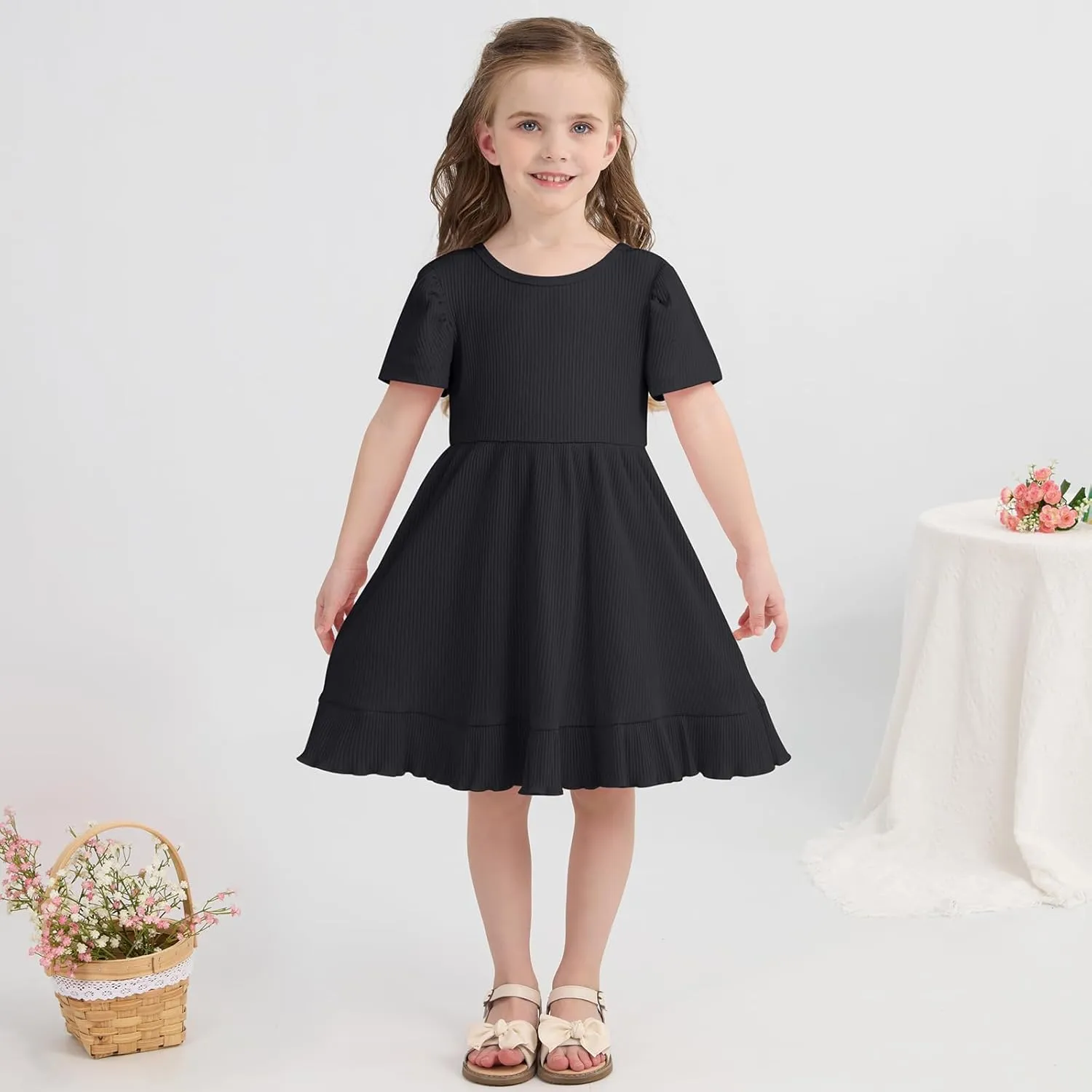 Little Girl Summer Dress Girls Puff Short Sleeve Ruffle Dress Solid Color A-Line Dresses 3-8 Years