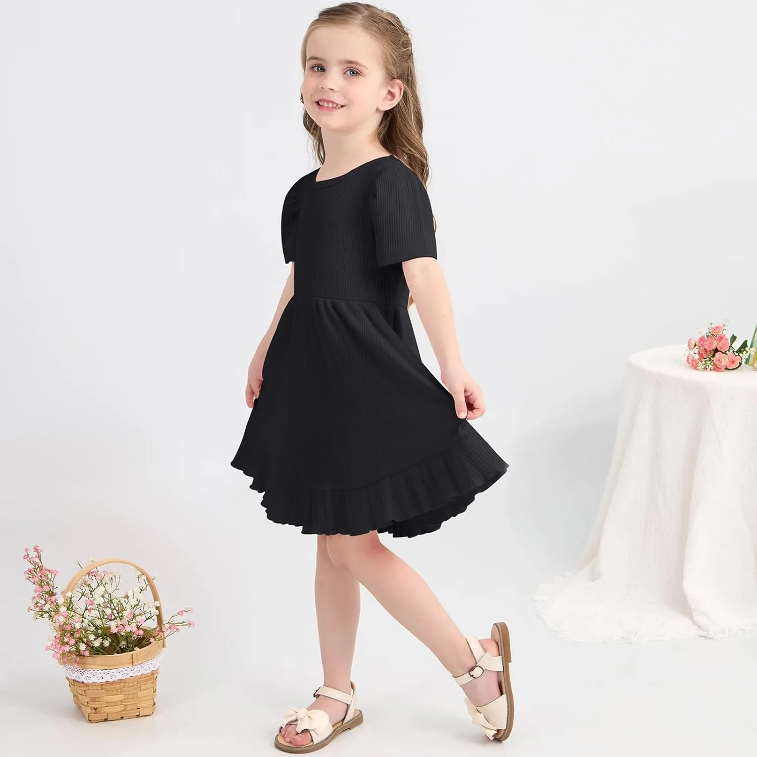 Little Girl Summer Dress Girls Puff Short Sleeve Ruffle Dress Solid Color A-Line Dresses 3-8 Years