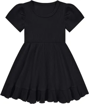 Little Girl Summer Dress Girls Puff Short Sleeve Ruffle Dress Solid Color A-Line Dresses 3-8 Years