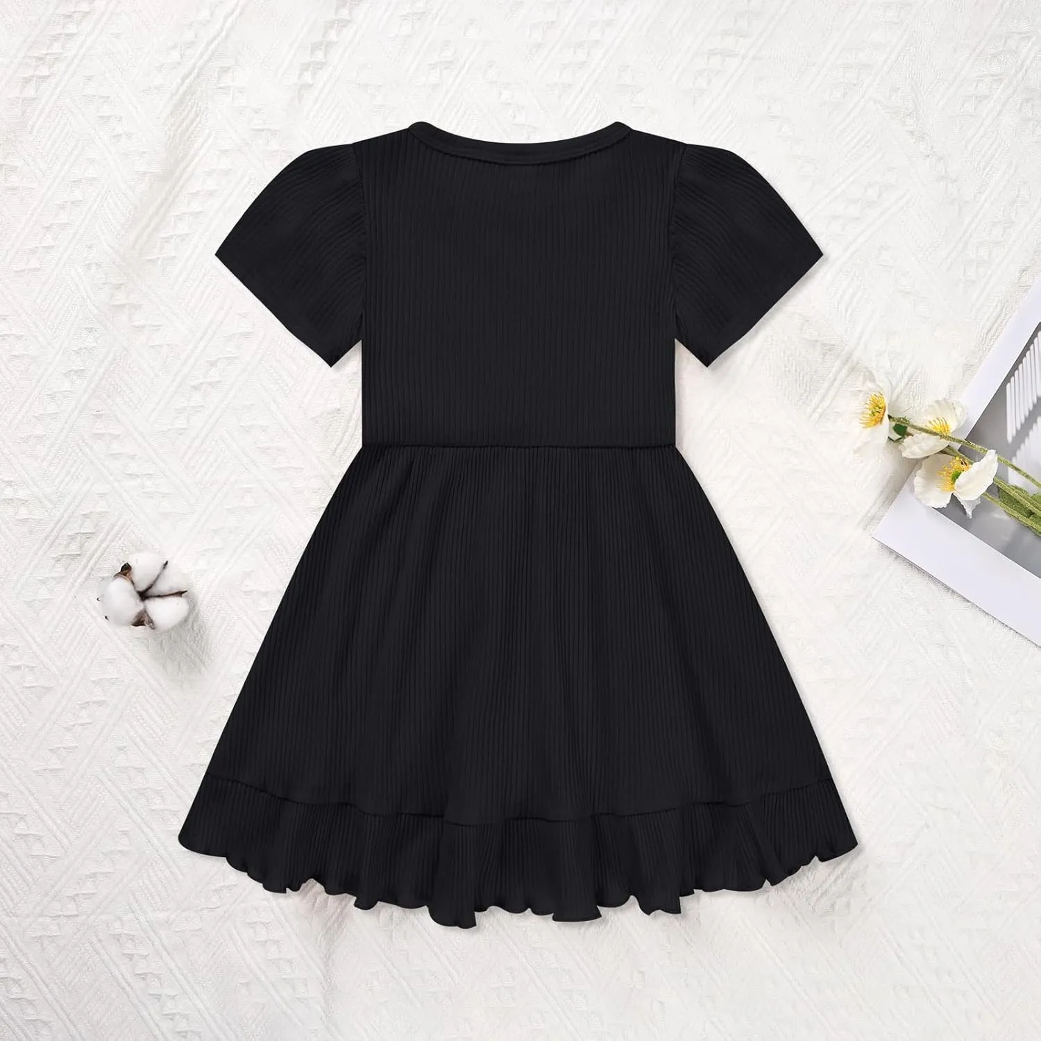 Little Girl Summer Dress Girls Puff Short Sleeve Ruffle Dress Solid Color A-Line Dresses 3-8 Years