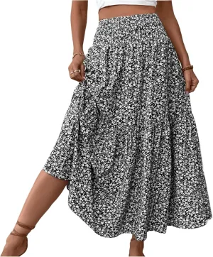 Long Flowy Skirts for Women Summer Floral Maxi Skirt with Pockets Smocked Ruffle Tiered Elastic Waist Boho A Line Skorts