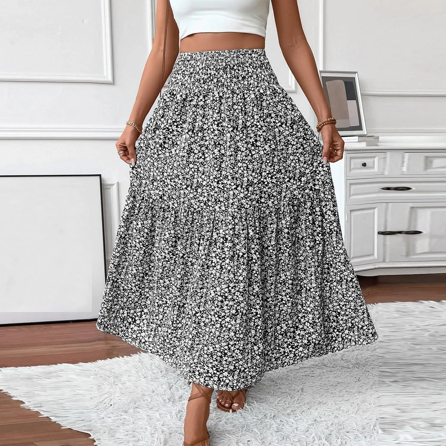 Long Flowy Skirts for Women Summer Floral Maxi Skirt with Pockets Smocked Ruffle Tiered Elastic Waist Boho A Line Skorts