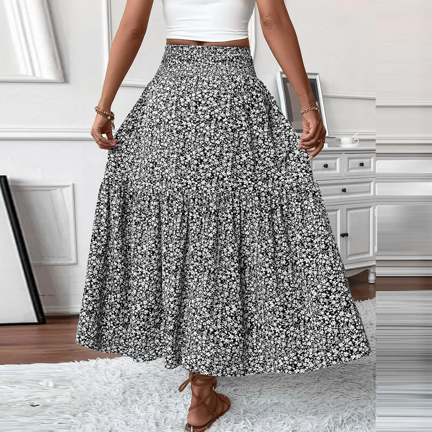Long Flowy Skirts for Women Summer Floral Maxi Skirt with Pockets Smocked Ruffle Tiered Elastic Waist Boho A Line Skorts