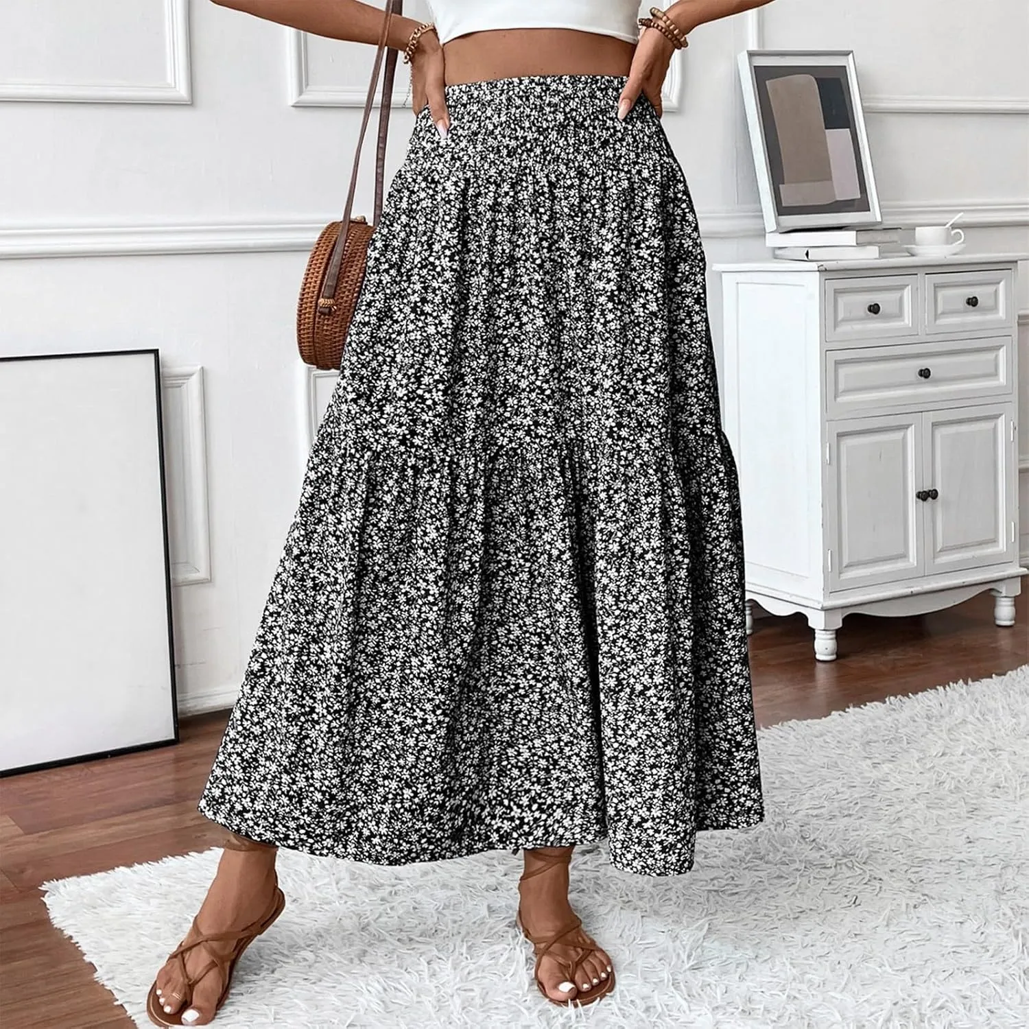 Long Flowy Skirts for Women Summer Floral Maxi Skirt with Pockets Smocked Ruffle Tiered Elastic Waist Boho A Line Skorts