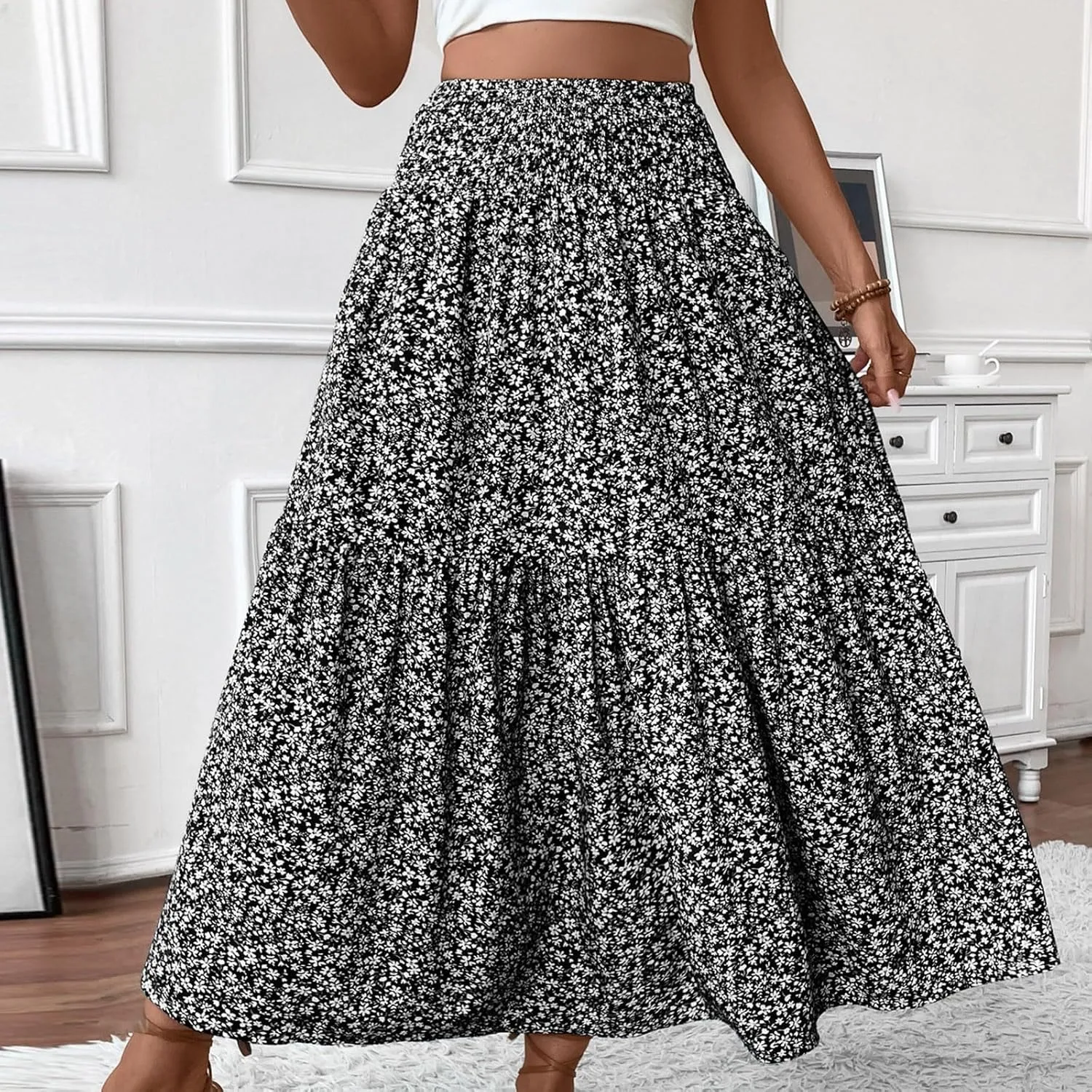 Long Flowy Skirts for Women Summer Floral Maxi Skirt with Pockets Smocked Ruffle Tiered Elastic Waist Boho A Line Skorts