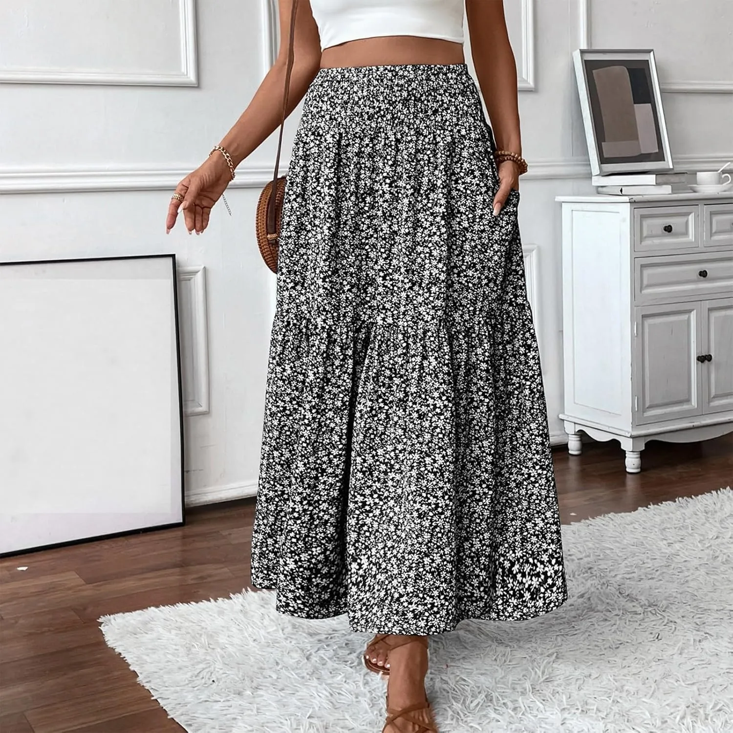 Long Flowy Skirts for Women Summer Floral Maxi Skirt with Pockets Smocked Ruffle Tiered Elastic Waist Boho A Line Skorts