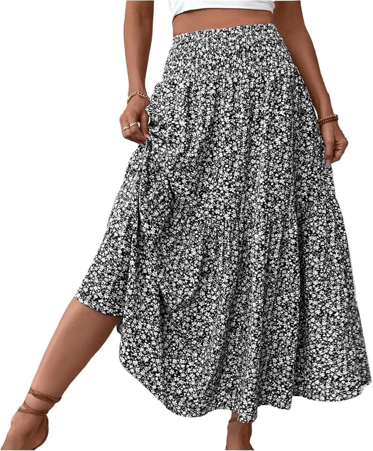 Long Flowy Skirts for Women Summer Floral Maxi Skirt with Pockets Smocked Ruffle Tiered Elastic Waist Boho A Line Skorts