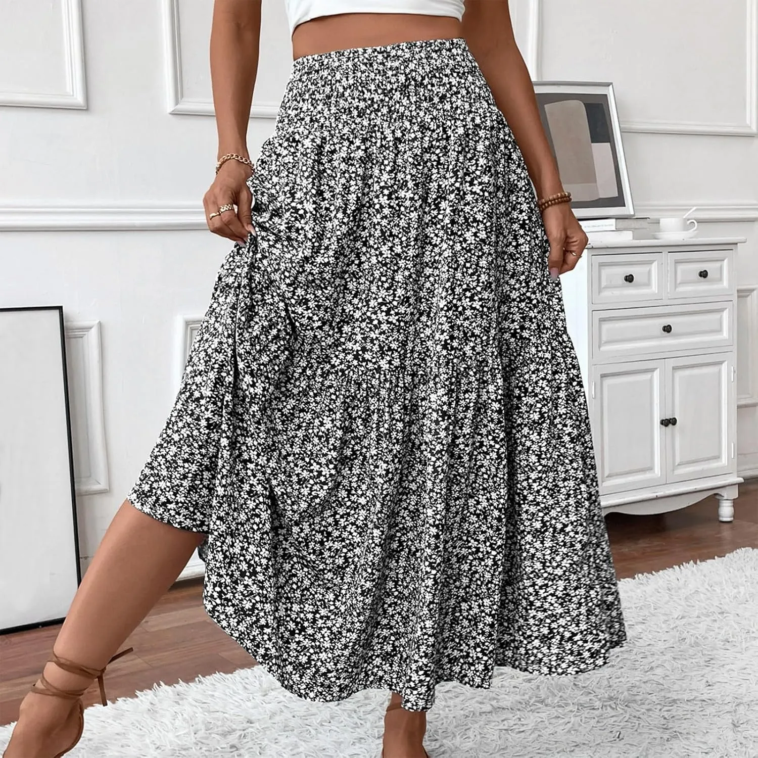 Long Flowy Skirts for Women Summer Floral Maxi Skirt with Pockets Smocked Ruffle Tiered Elastic Waist Boho A Line Skorts