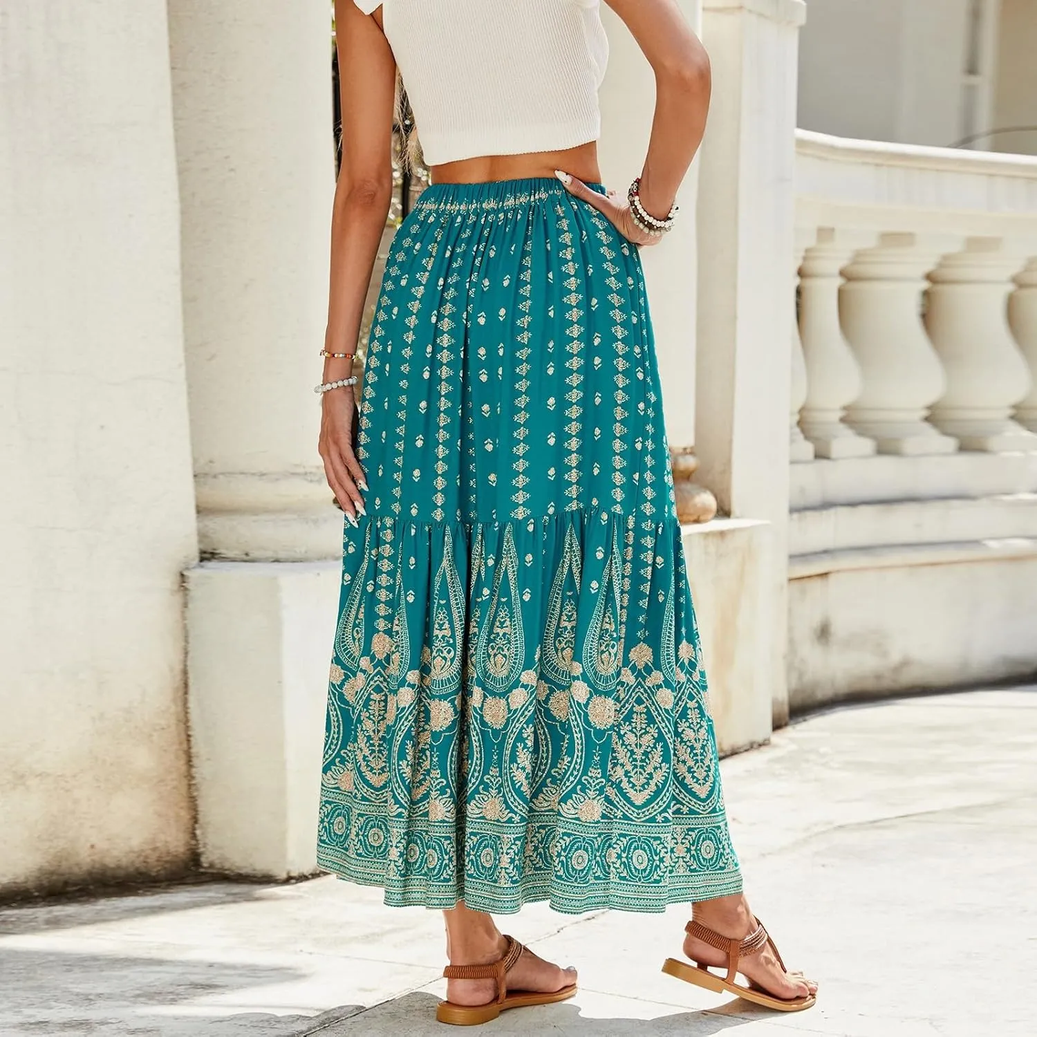 Long Skirts for Women,Formal Flowy Maxi Skirts 2025 Trendy Elastic Waist Beach Vacation Boho Skirt Spring Summer