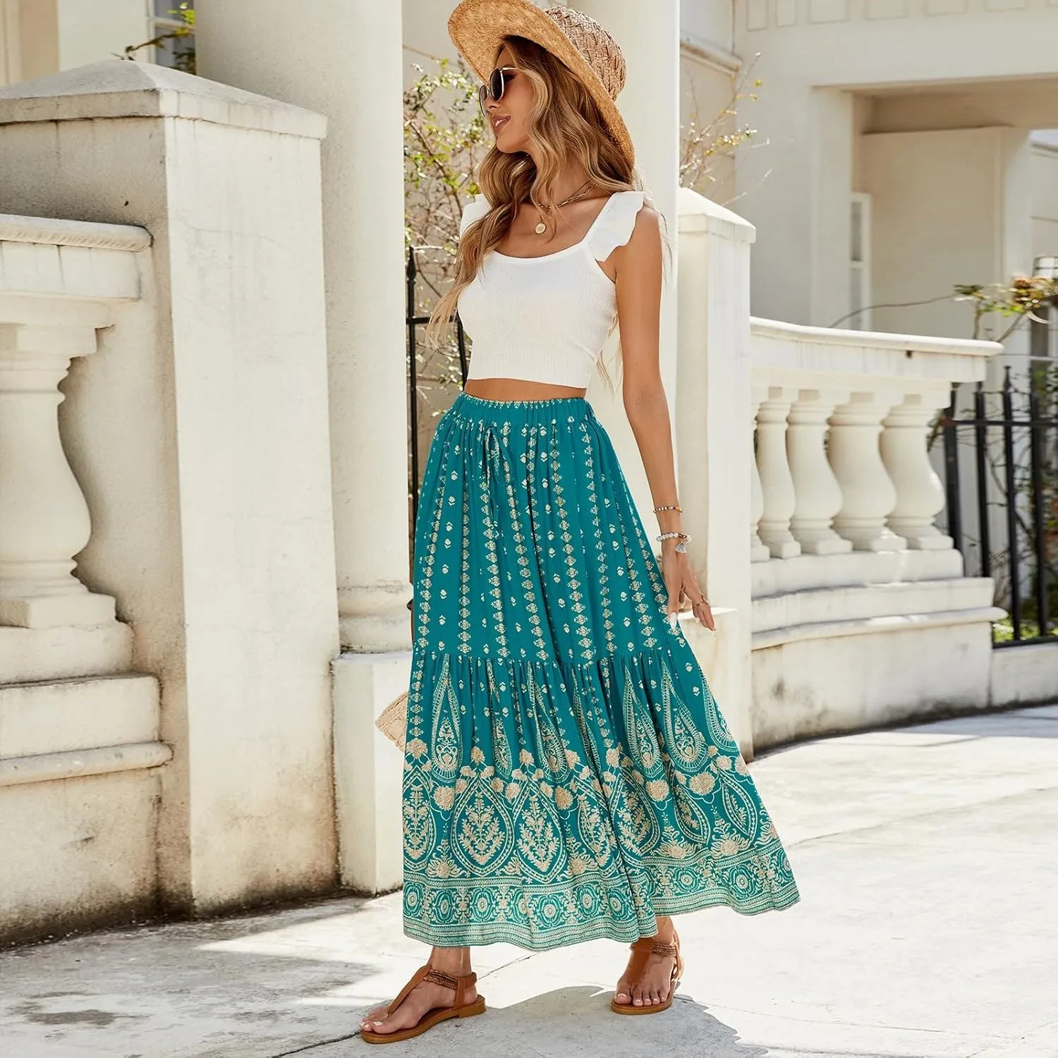 Long Skirts for Women,Formal Flowy Maxi Skirts 2025 Trendy Elastic Waist Beach Vacation Boho Skirt Spring Summer