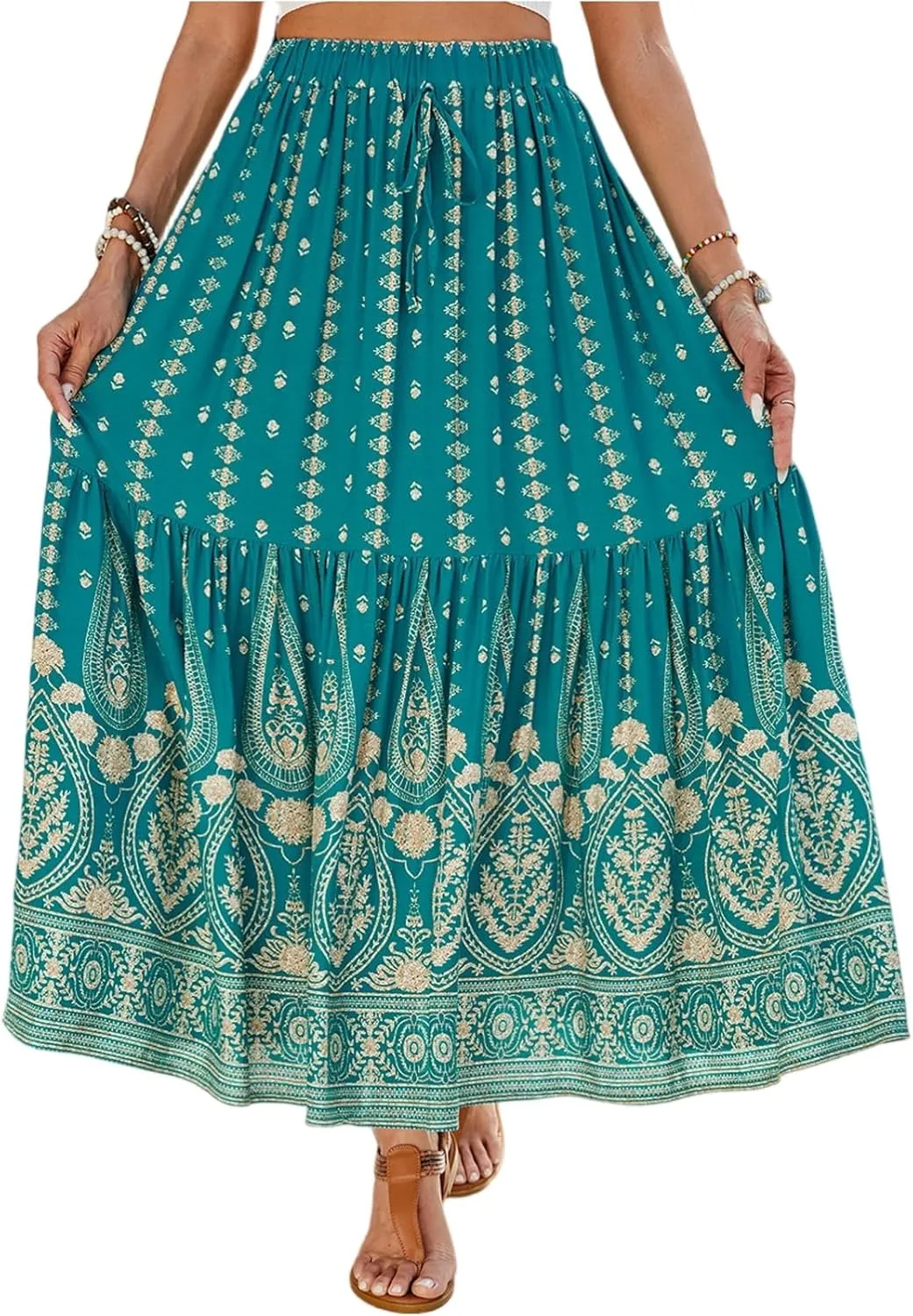 Long Skirts for Women,Formal Flowy Maxi Skirts 2025 Trendy Elastic Waist Beach Vacation Boho Skirt Spring Summer
