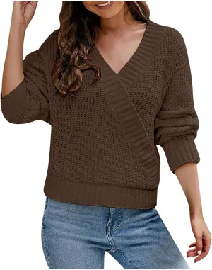 Long Sleeve Sweaters for Women Fashion Wrap V Neck Chunky Knit Sweater Tops Fall 2024 Outfits Loose Jumper Pullover