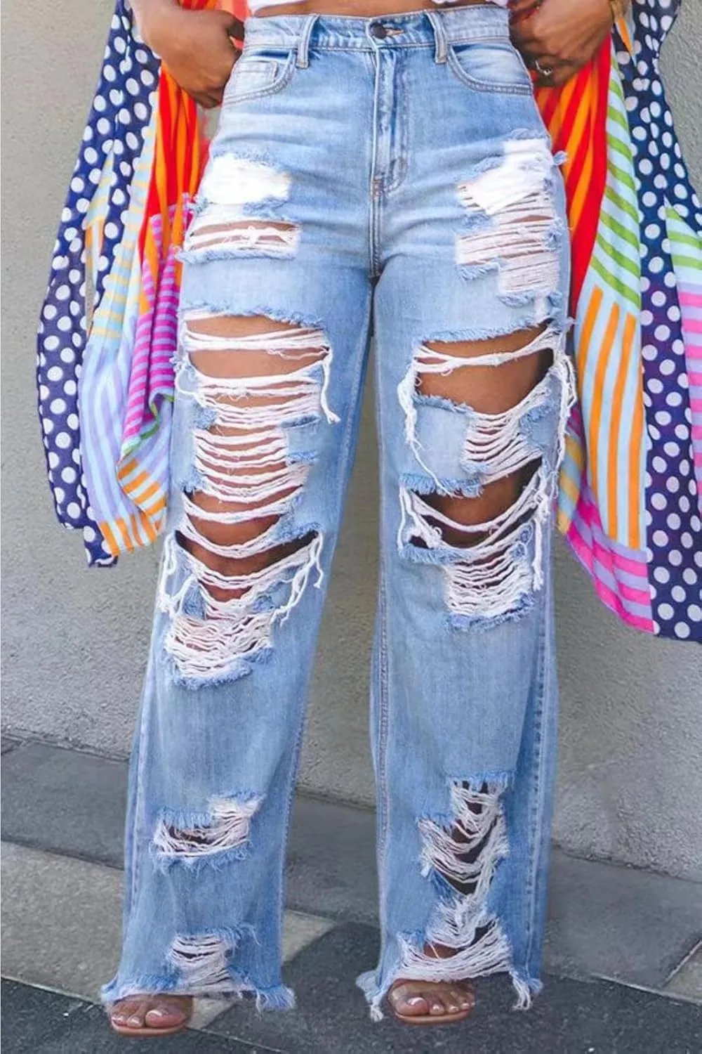Lucuna Women's High Waisted Ripped Jeans Cut Out Destroyed Frayed Tassels Distressed Denim Pants